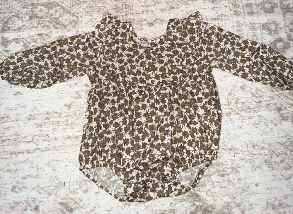 Mebie Baby Long Sleeve Ruffle Bubble Romper in Olive Floral